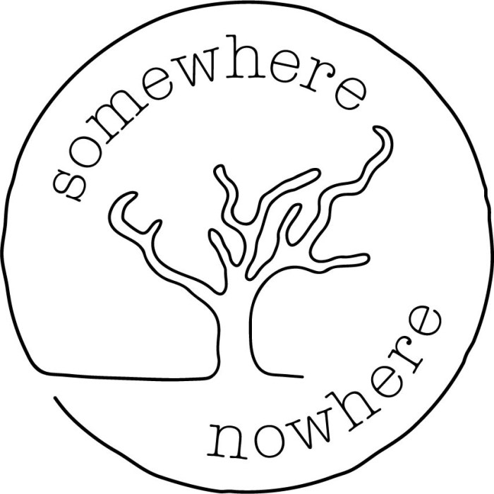somewhere nowhere logo : the outline of a tree inside a circle with the words somewhere nowhere