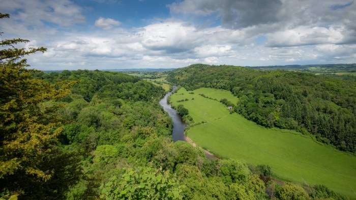 The River Wye photographed from Symonds Yat. The image shows a green summer landscape, with the river between woodlands and fields.