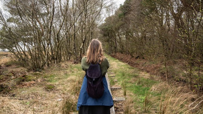 An image of a woman facing away from the camera, with trees either side.