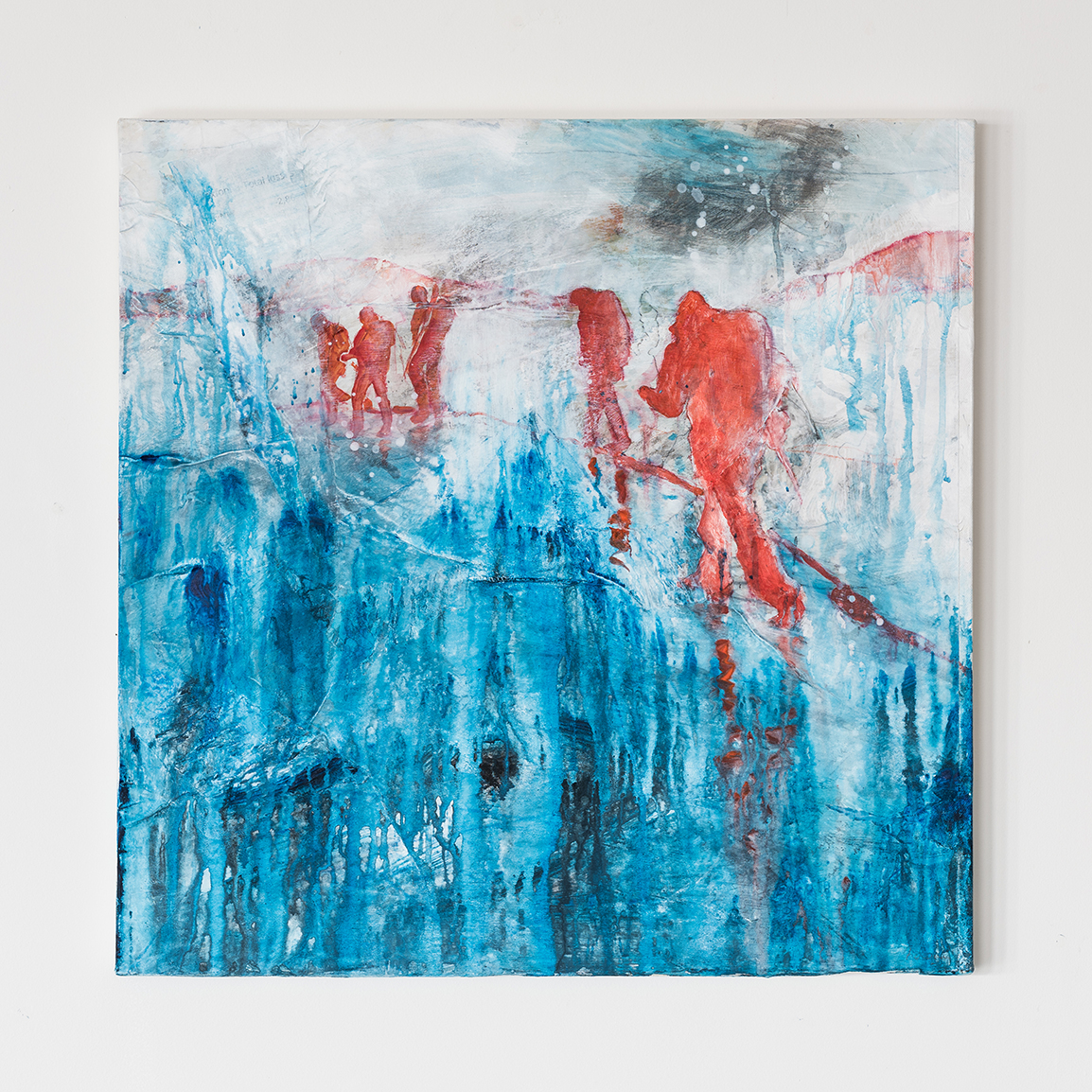 mixed media artwork with blue and red, oil on canvas, created by Naomi Hart and showing human figures (reg) against a blue and white background.