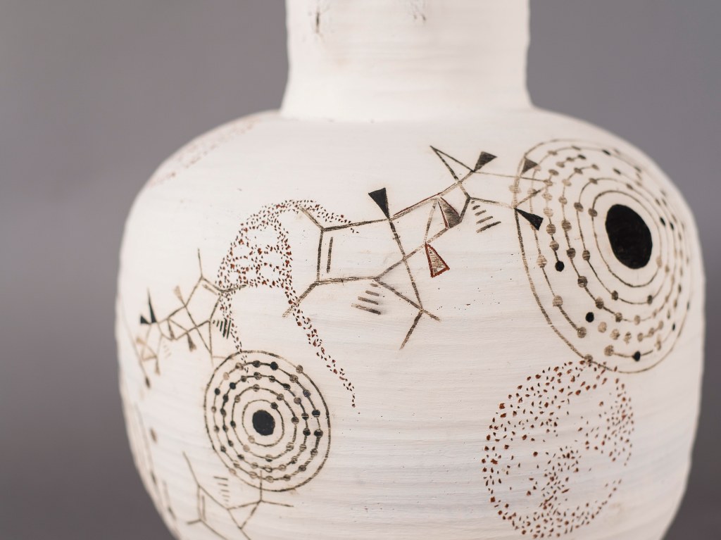 Pani, ceramic pot, 2018, Daksha A commission for The Horniman Museum, London, responding to water pollution in South Asia. The pot is decorated with images of pathogens and chemical pollutants.