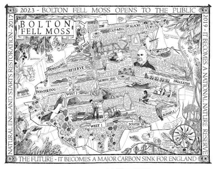 A hand-drawn map of Bolton Fell Moss in Cumbria with words and images, by Helen Cann