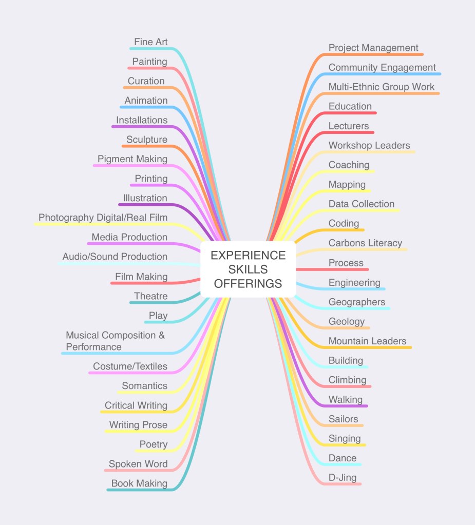 A verbal diagram sharing the PLACE collective members skills and experience, 2022