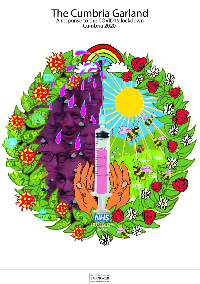 An illustration showing the sun, a syringe, a pair of hands, and faces, and a rainbow