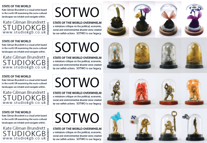 An image showing text and photographs of tiny statues inside glass cases.