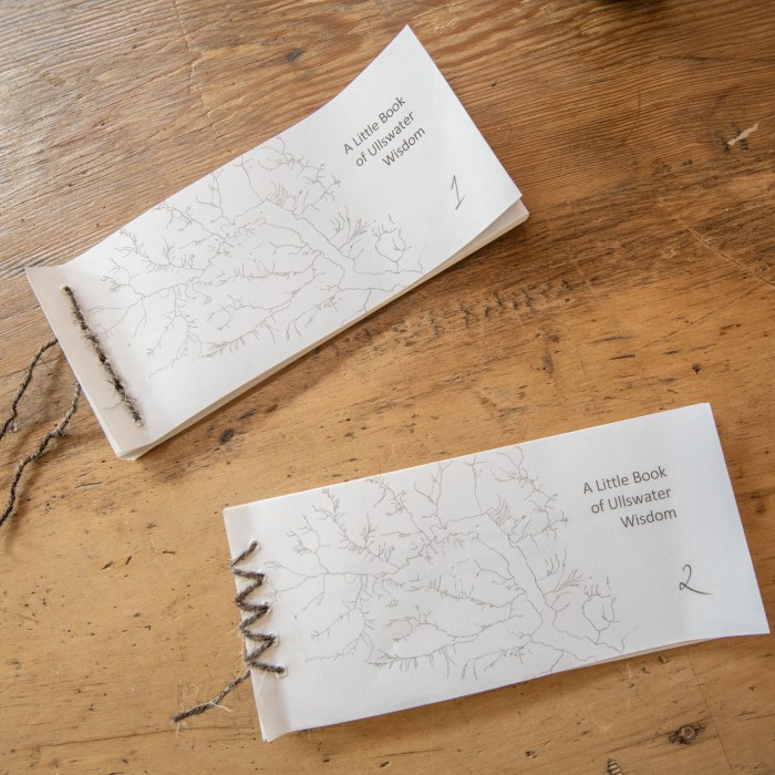 Two hand made books lying on a table.