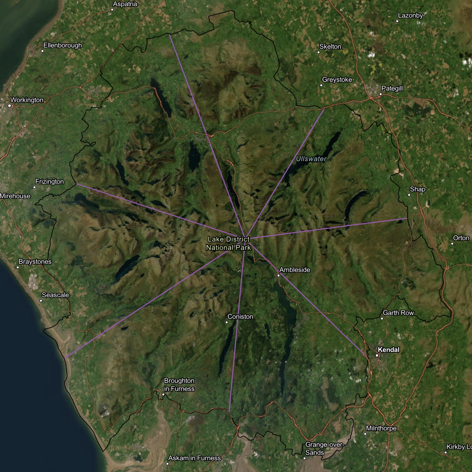 A map of Lake District National Park showing 7 pink lines