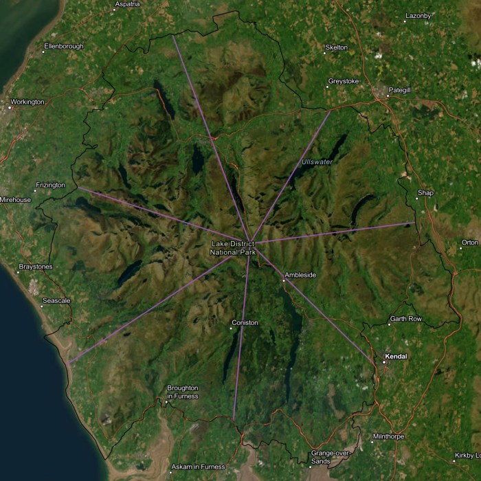 A map of Lake District National Park showing 7 pink lines