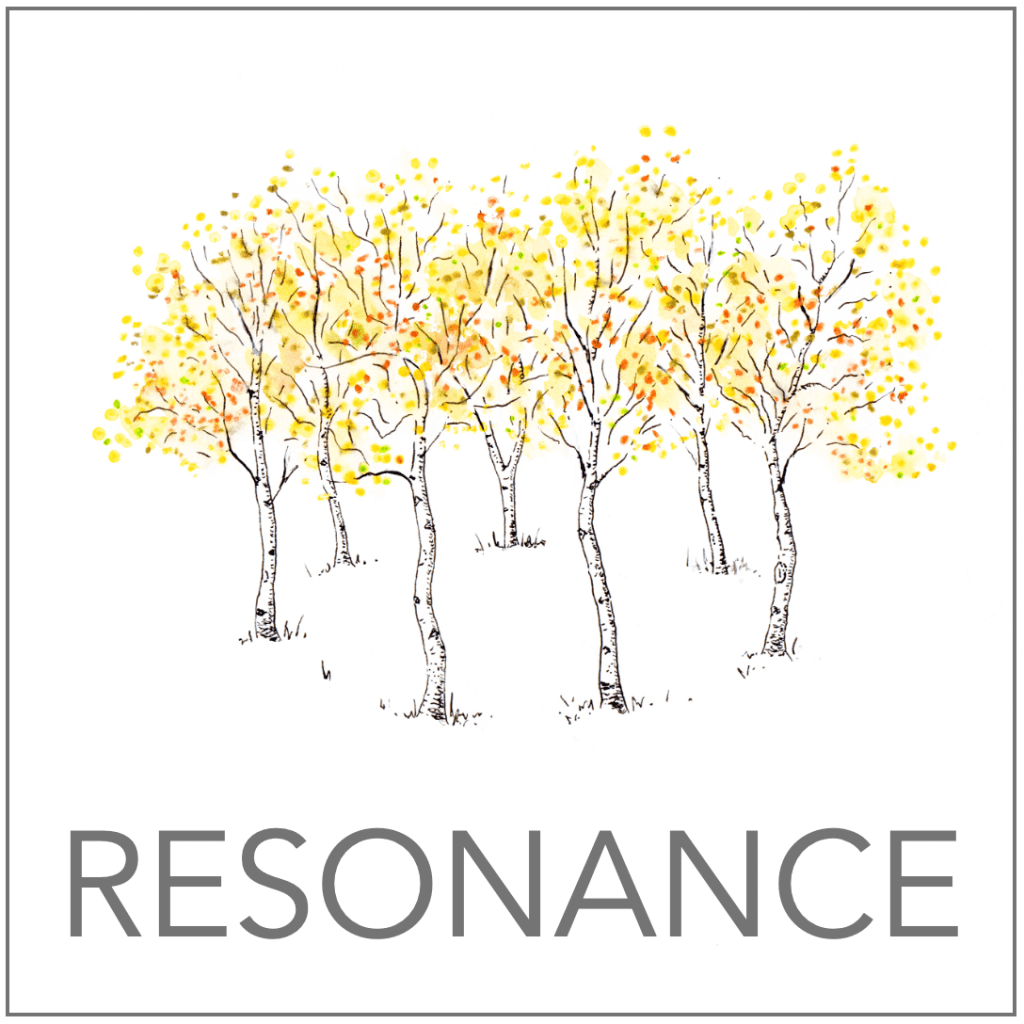 An illustration of seven trees with gold leaves, and the word RESONANCE