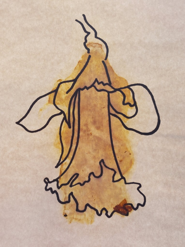 A black pen outline drawing of a daffodil, over brown marks on paper