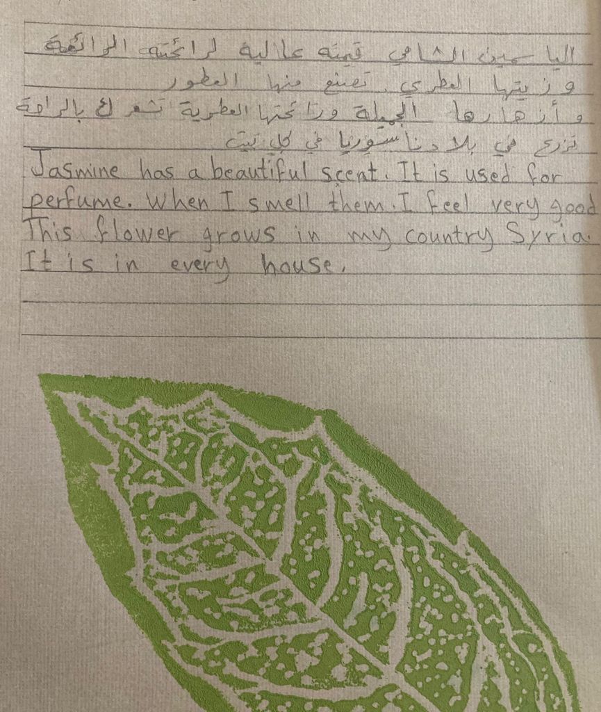 Handwritten Arabic text describing jasmine growing in Syria, followed by the English translation. Below this is a green print of a jasmine leaf.