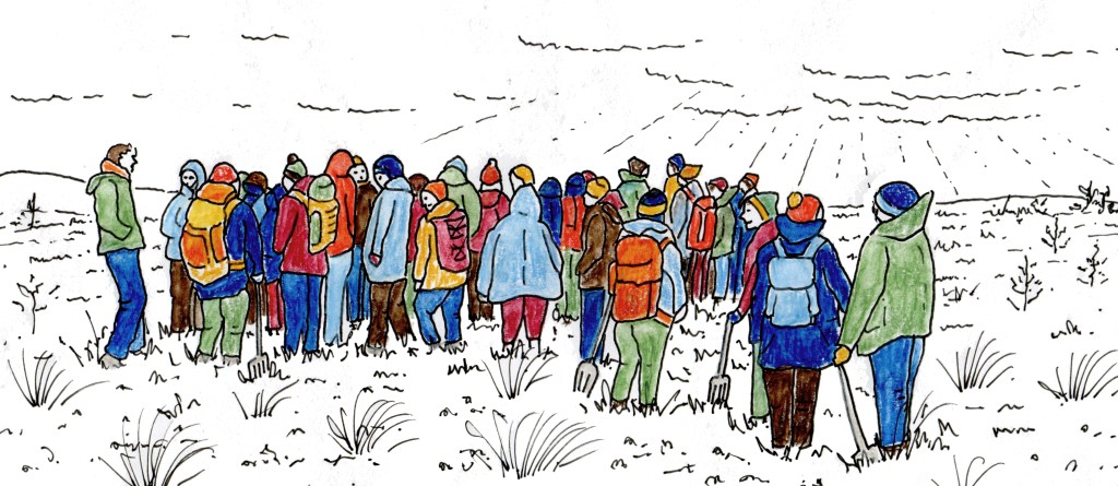 An illustration of a group of people gathered on a flat, grassy landscape. There are clouds and sun rays in the sky. Some people have spades and forks. They all wear colourful outdoor gear, some have rucksacks, they are smiling and interacting with each other. The sky and landscape is black and white.