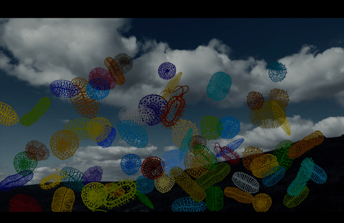 Illustrations of microbes set against a sky with clouds