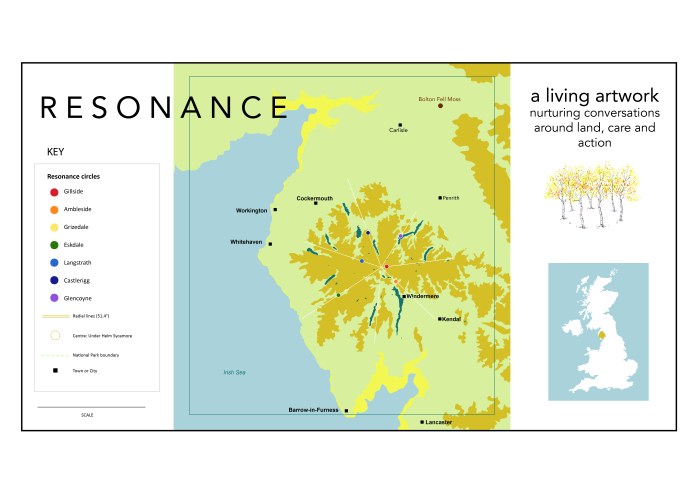 A map showing England's Lake District and the location of seven tree circles: titled 'Resonance'